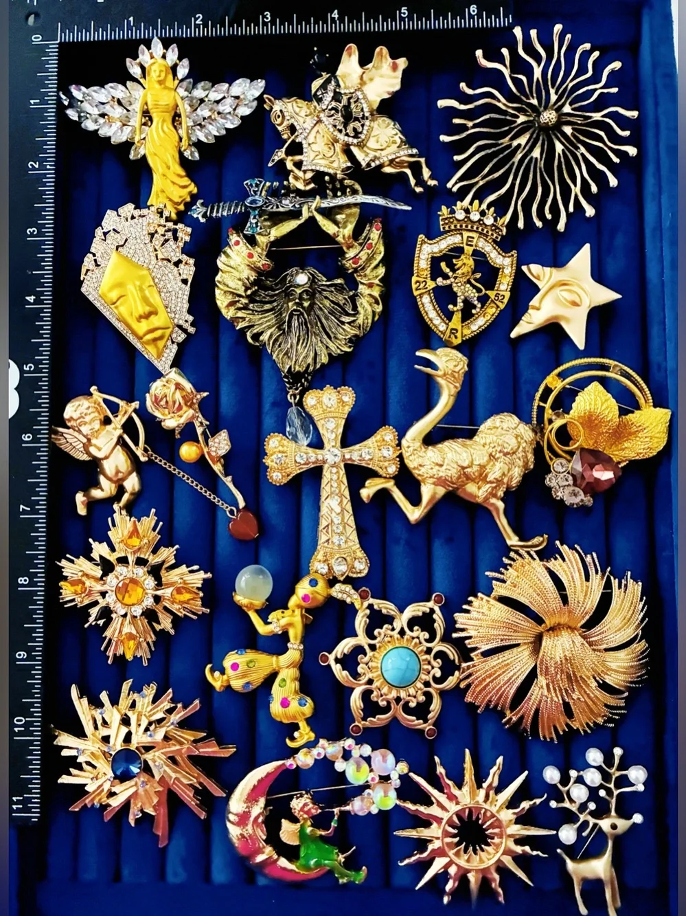 Costume Jewelry Brooch Pin Lot 20 Cross Celestial Angel Knight Mask Rhinestone